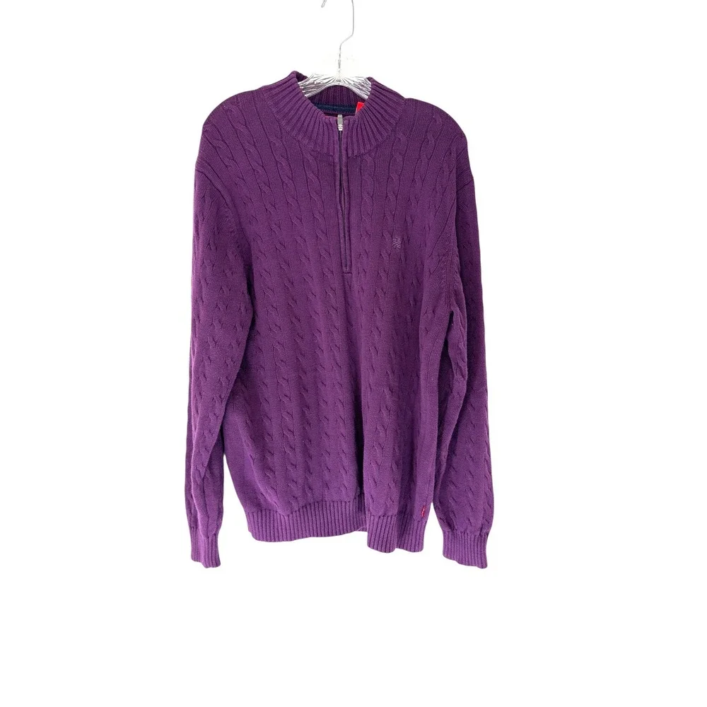 Izod Quarter Zip Men's Purple Cable‎ Knot Mock Neck Long Sleeve Sweater Large